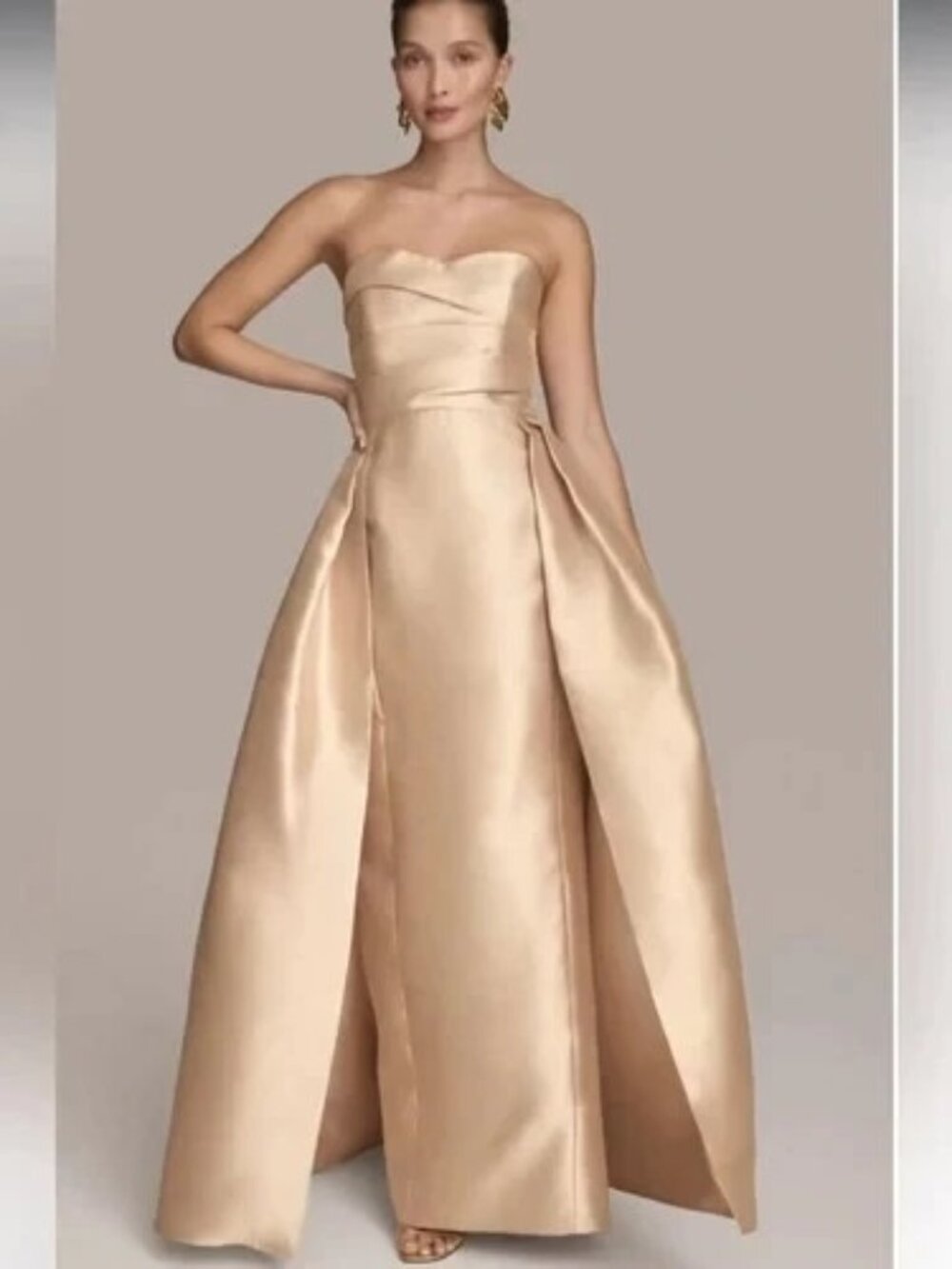 Donna Karan Luxe Champagne Gold Mikado Strapless Overskirt Gown